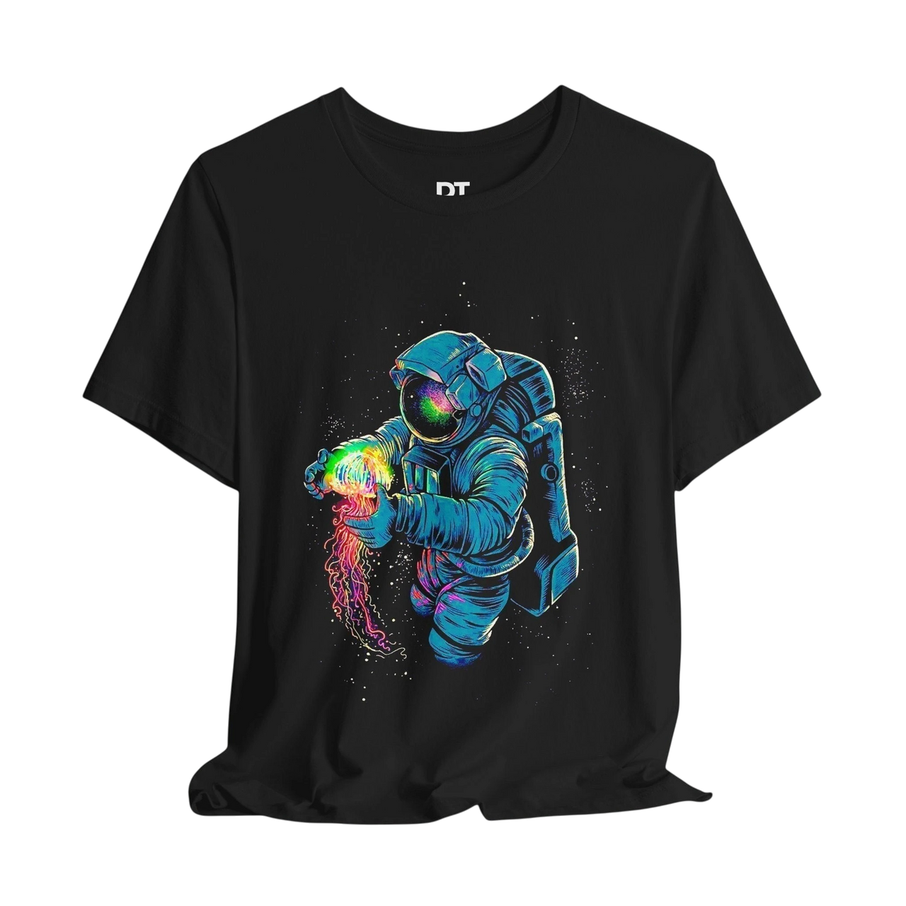 DailyThreadCo. black 100% cotton t-shirt with a neon space jellyfish graphic. Astronaut holds a colorful nebula.