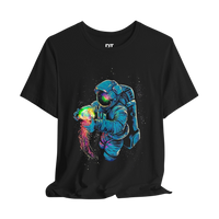 DailyThreadCo. black 100% cotton t-shirt with a neon space jellyfish graphic. Astronaut holds a colorful nebula.