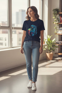 DailyThreadCo. black 100% cotton t-shirt with a neon astronaut graphic holding a colorful jellyfish nebula.