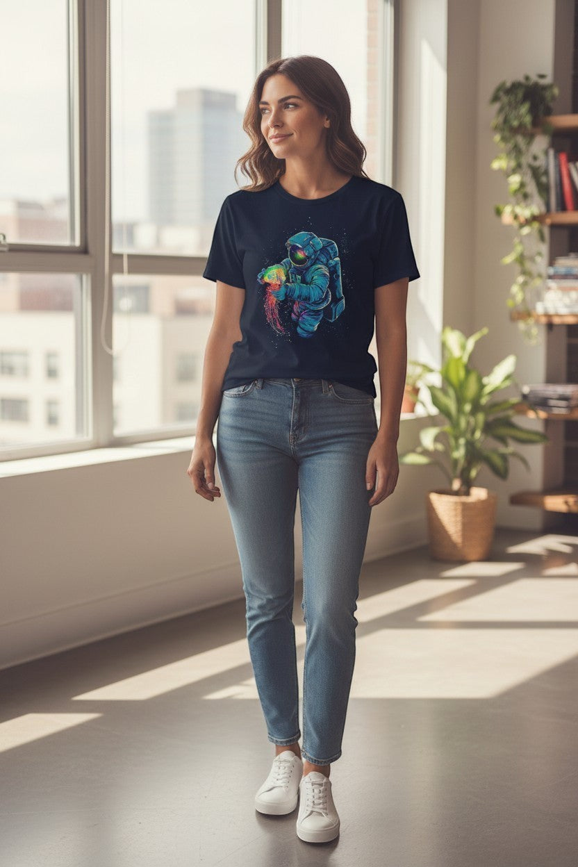 DailyThreadCo. black 100% cotton t-shirt with a neon astronaut graphic holding a colorful jellyfish nebula.