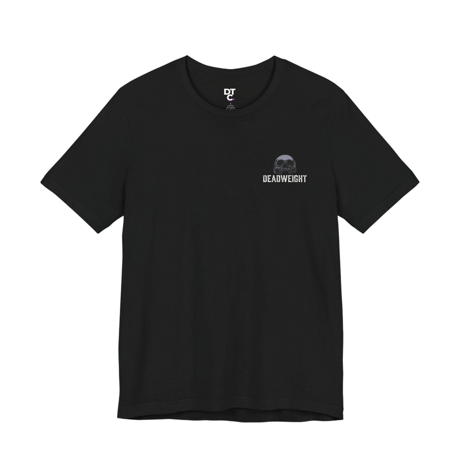 DailyThreadCo. black 100% cotton crew neck t-shirt with a small skull graphic and "DEADWEIGHT" text on the front chest.