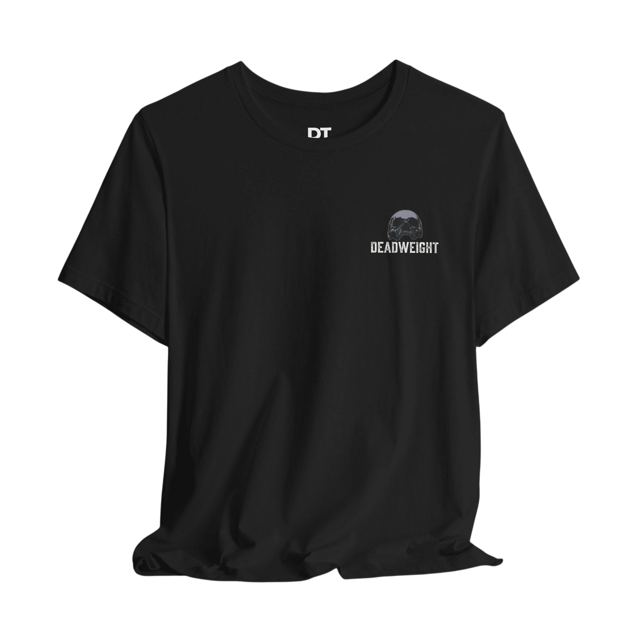 DailyThreadCo. black 100% Airlume cotton t-shirt with crew neck and short sleeves, featuring a small skull graphic and "DEADWEIGHT" text on the chest.