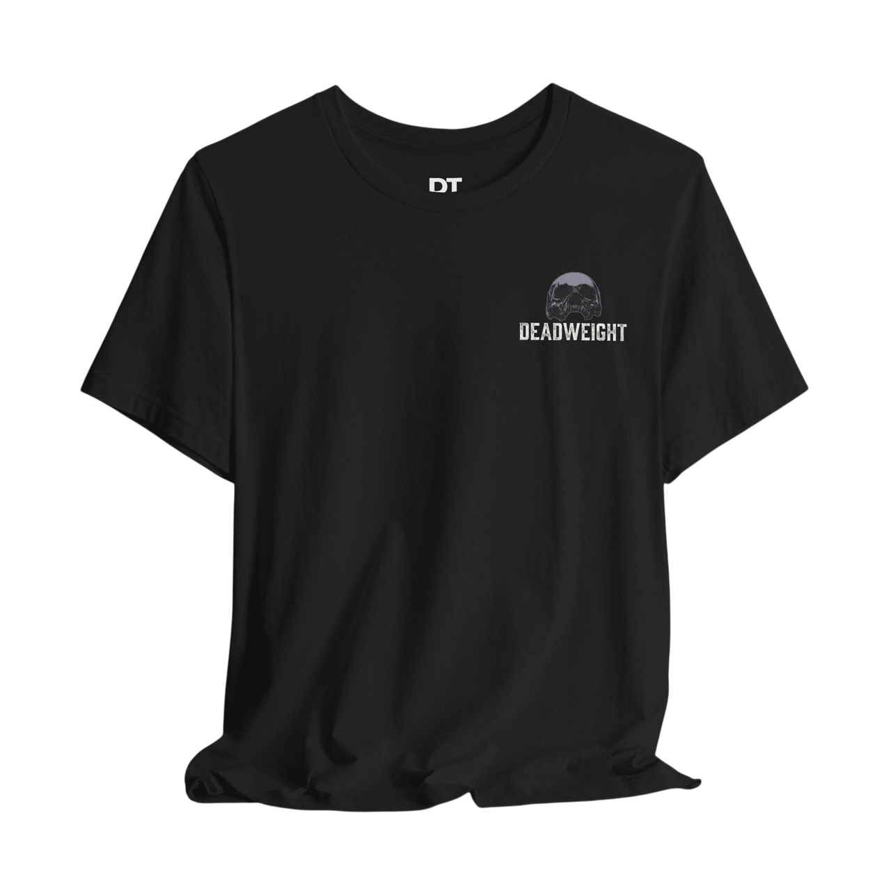 DailyThreadCo. black cotton athletic tee with crew neck and chest graphic of a skull with "DEADWEIGHT" text.