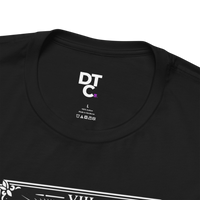 DailyThreadCo. black 100% cotton crew neck t-shirt with vintage Strength tarot card illustration of a woman and lion.