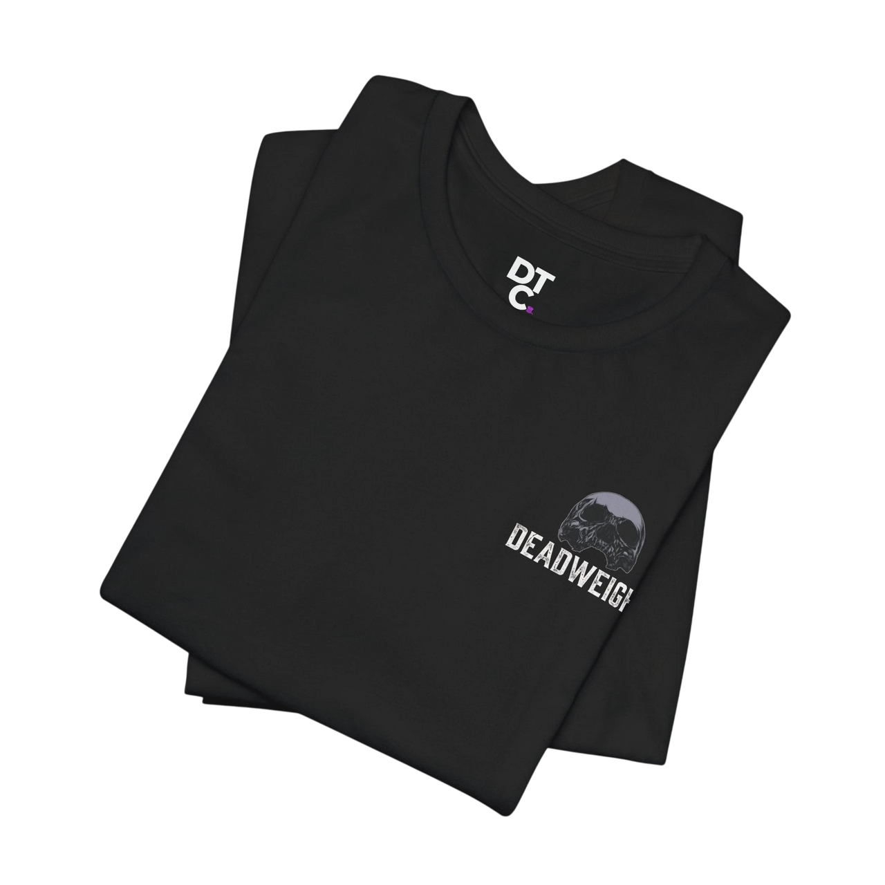 DailyThreadCo. black 100% cotton t-shirt with a small logo on the chest and a large graphic text on the back.