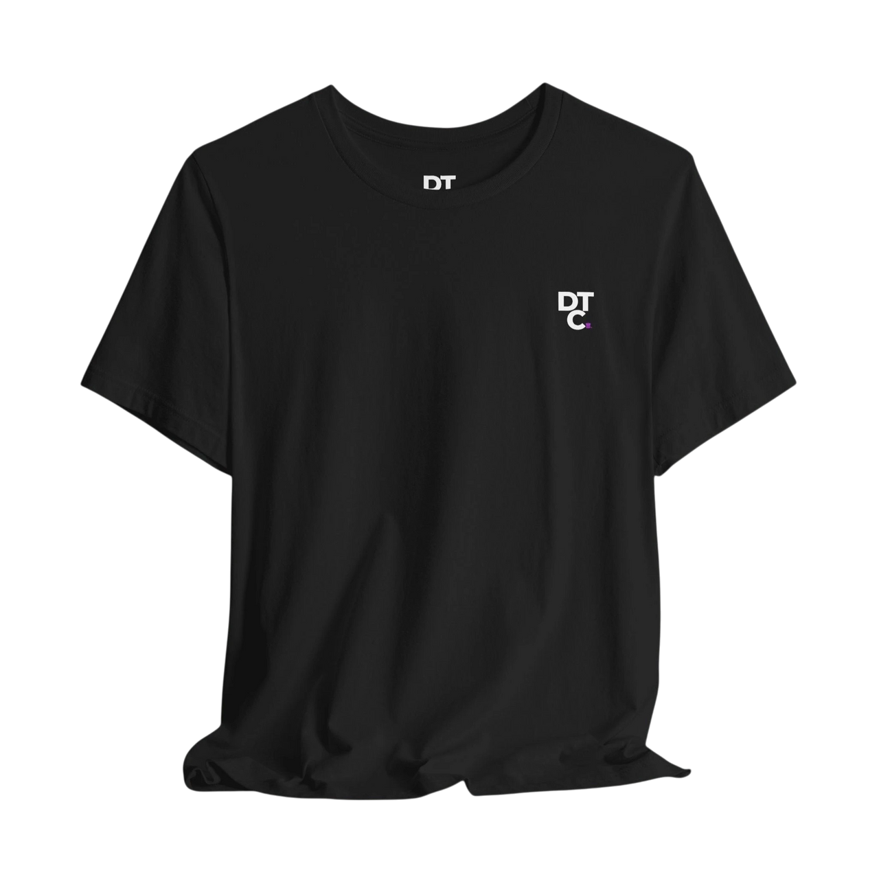 DailyThreadCo. black 100% cotton t-shirt with a small white DT logo on the left chest and a larger graphic on the back.