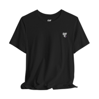 DailyThreadCo. black 100% cotton t-shirt with a small white DT logo on the left chest and a larger graphic on the back.