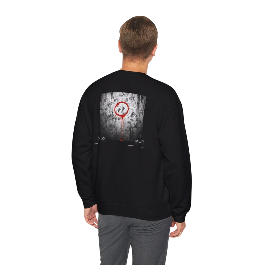 DailyThreadCo. black crewneck sweatshirt with a graphic of tally marks and a red circle on the back. Cotton-poly blend.