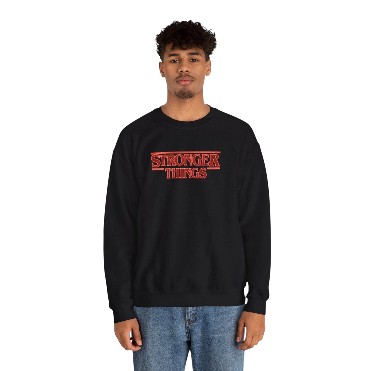 DailyThreadCo. black crewneck sweatshirt with red "STRONGER THINGS" logo embroidery, 50/50 cotton-polyester blend, classic fit.