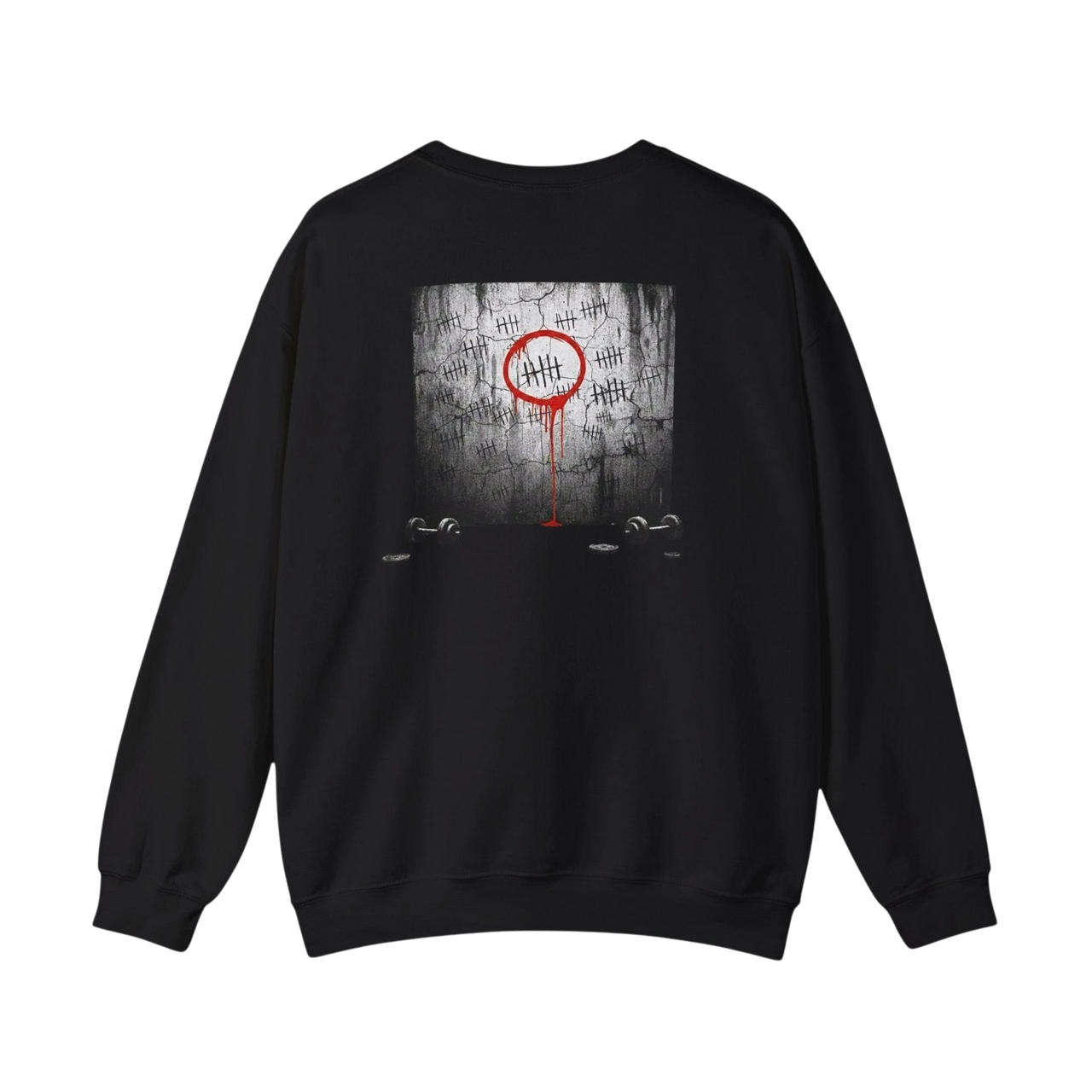 DailyThreadCo. black crewneck sweatshirt with a graphic of tally marks on a wall and a red circle with dripping blood.