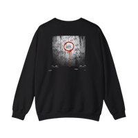 DailyThreadCo. black crewneck sweatshirt with a graphic of tally marks on a wall and a red circle with dripping blood.