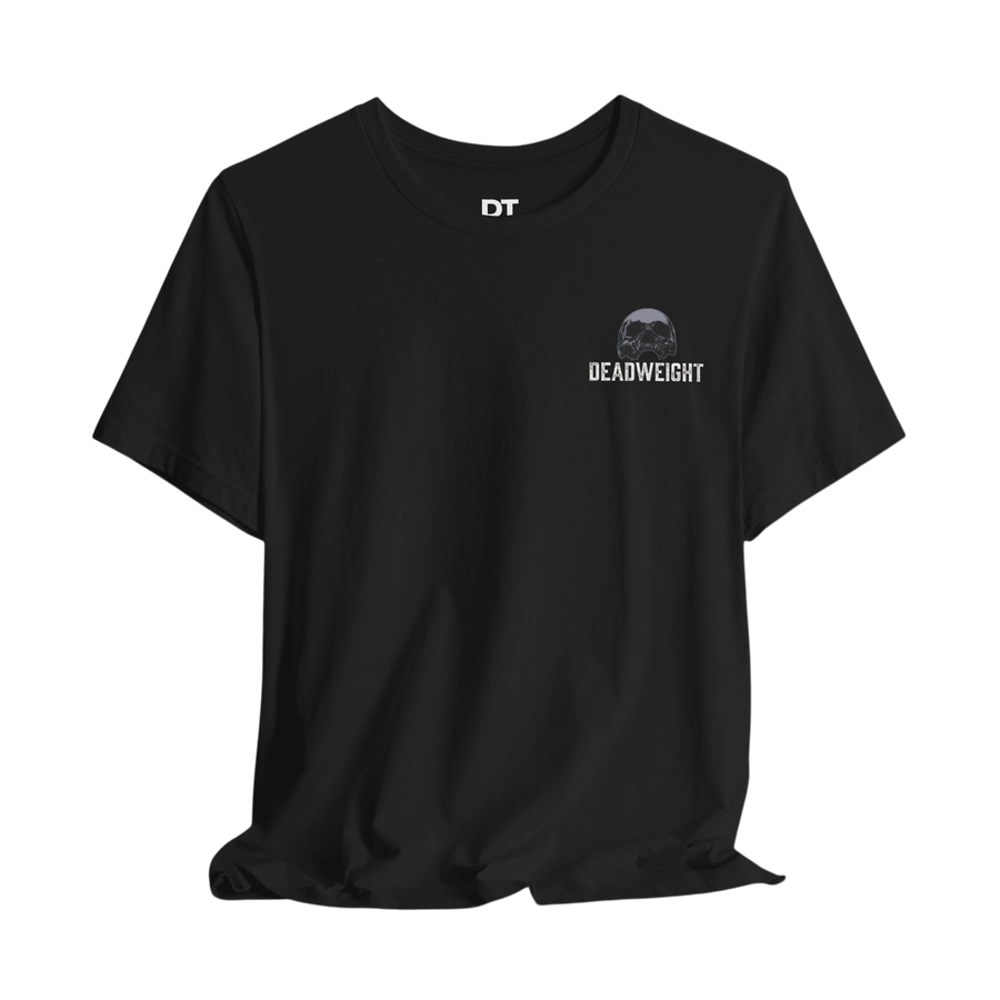 DailyThreadCo. black 100% cotton t-shirt with distressed skull graphic and "DEADWEIGHT" text on chest.