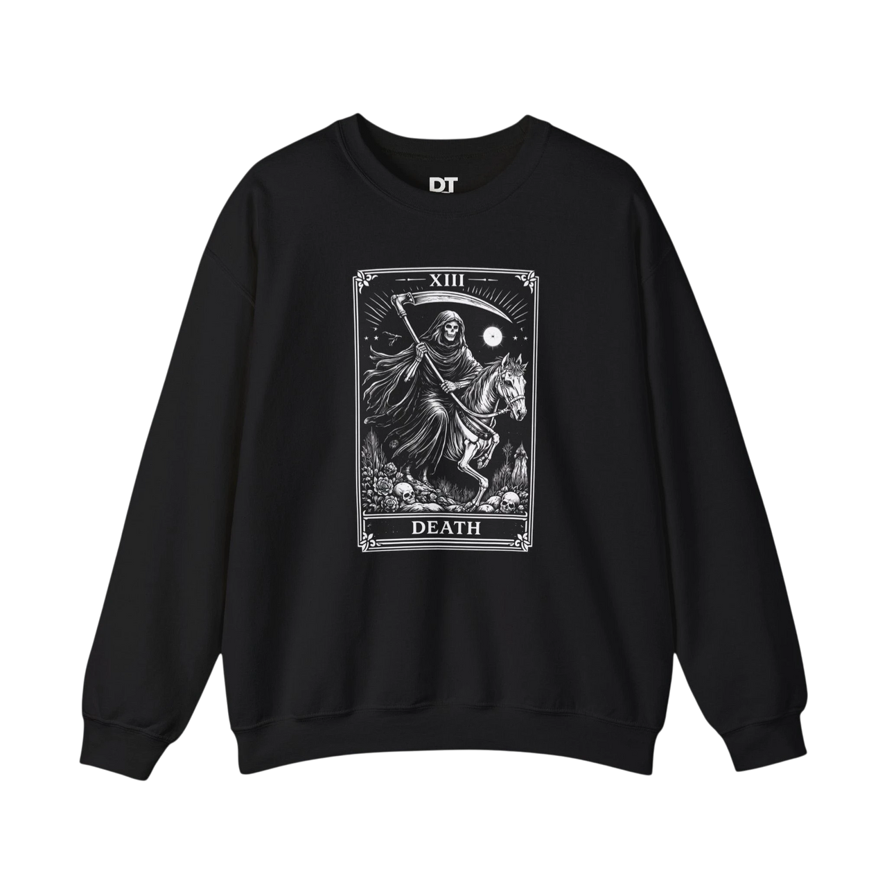 DailyThreadCo. black crewneck sweatshirt with a white gothic Death tarot card illustration featuring a skeleton on a horse and Roman numeral XIII.