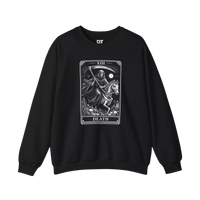 DailyThreadCo. black crewneck sweatshirt with a white gothic Death tarot card illustration featuring a skeleton on a horse and Roman numeral XIII.
