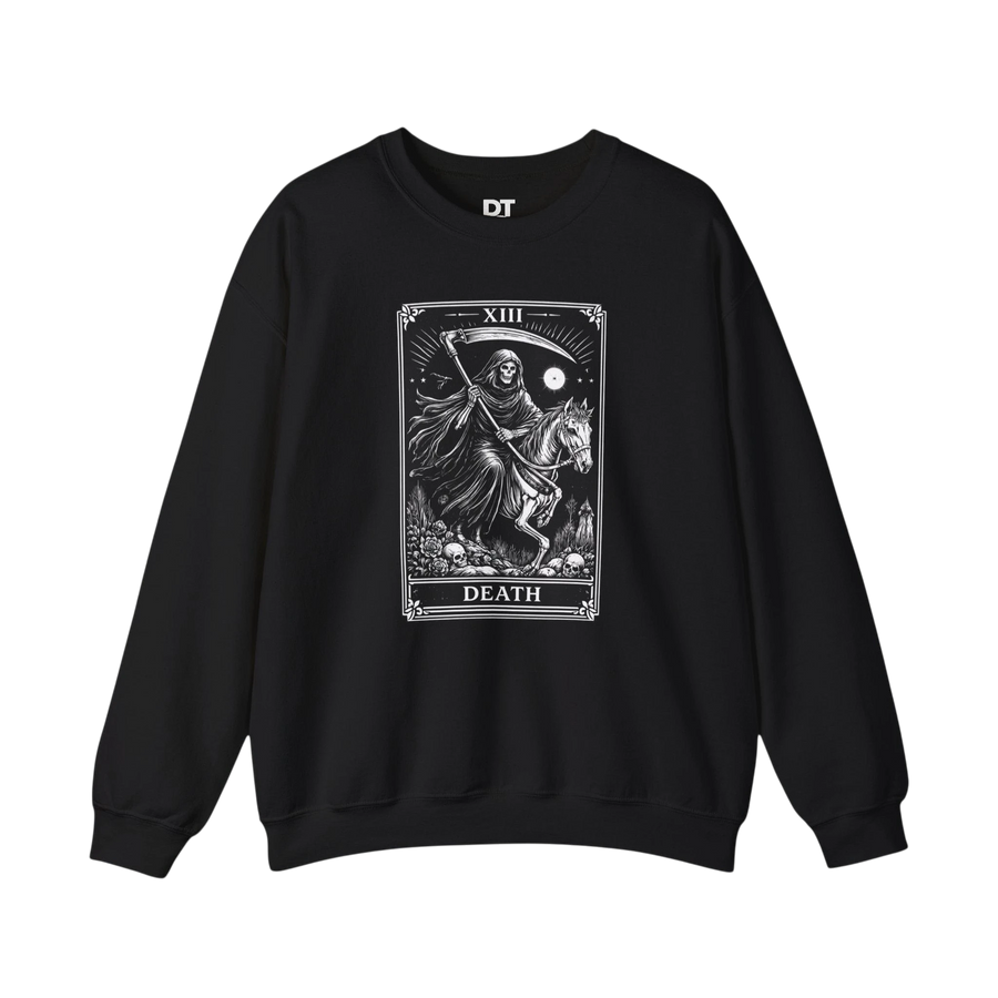 DailyThreadCo. black crewneck sweatshirt with a white gothic Death tarot card illustration featuring a skeleton on a horse and Roman numeral XIII.