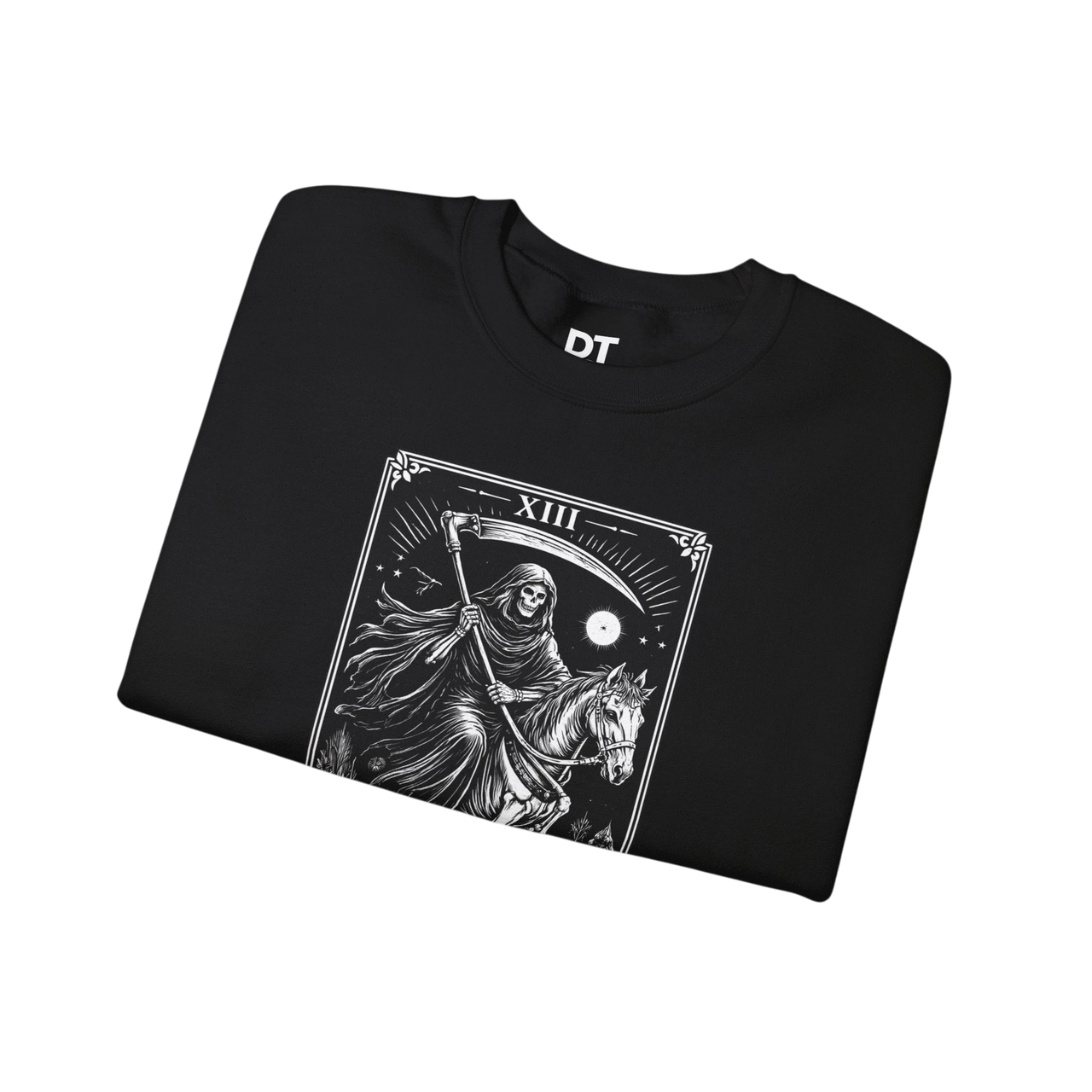 DailyThreadCo. black crewneck sweatshirt with a white gothic Death tarot card illustration featuring a skeleton reaper on horseback.