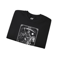 DailyThreadCo. black crewneck sweatshirt with a white gothic Death tarot card illustration featuring a skeleton reaper on horseback.