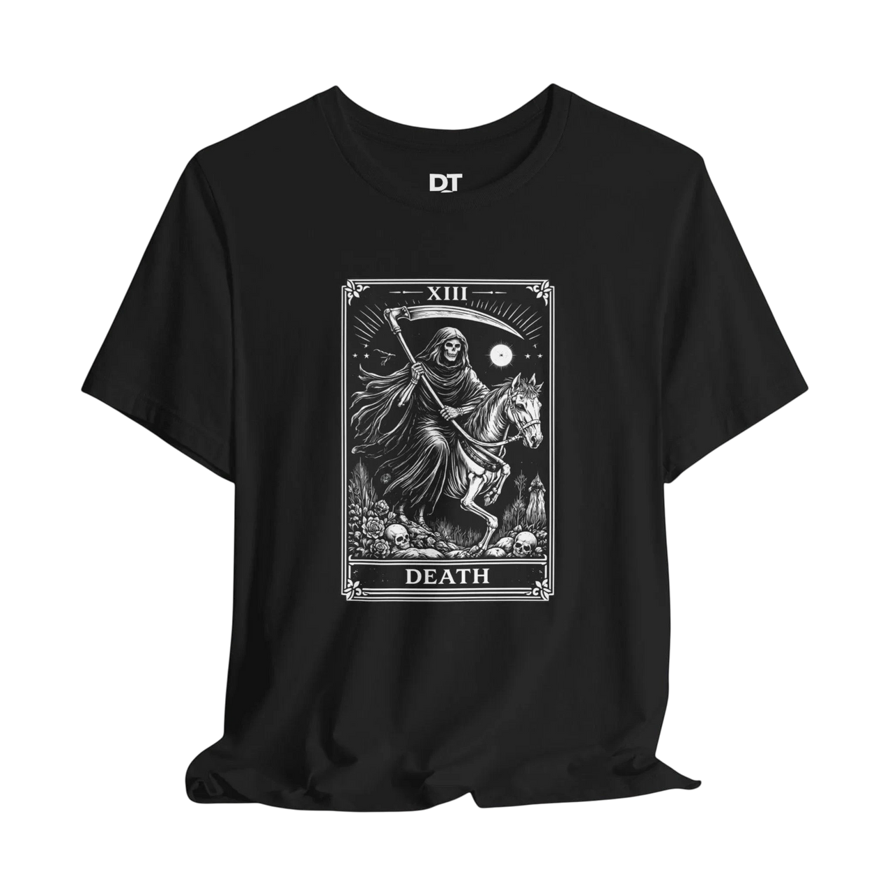 DailyThreadCo. black 100% cotton t-shirt with a monochrome Death Tarot card graphic featuring a skeleton on horseback and skulls.