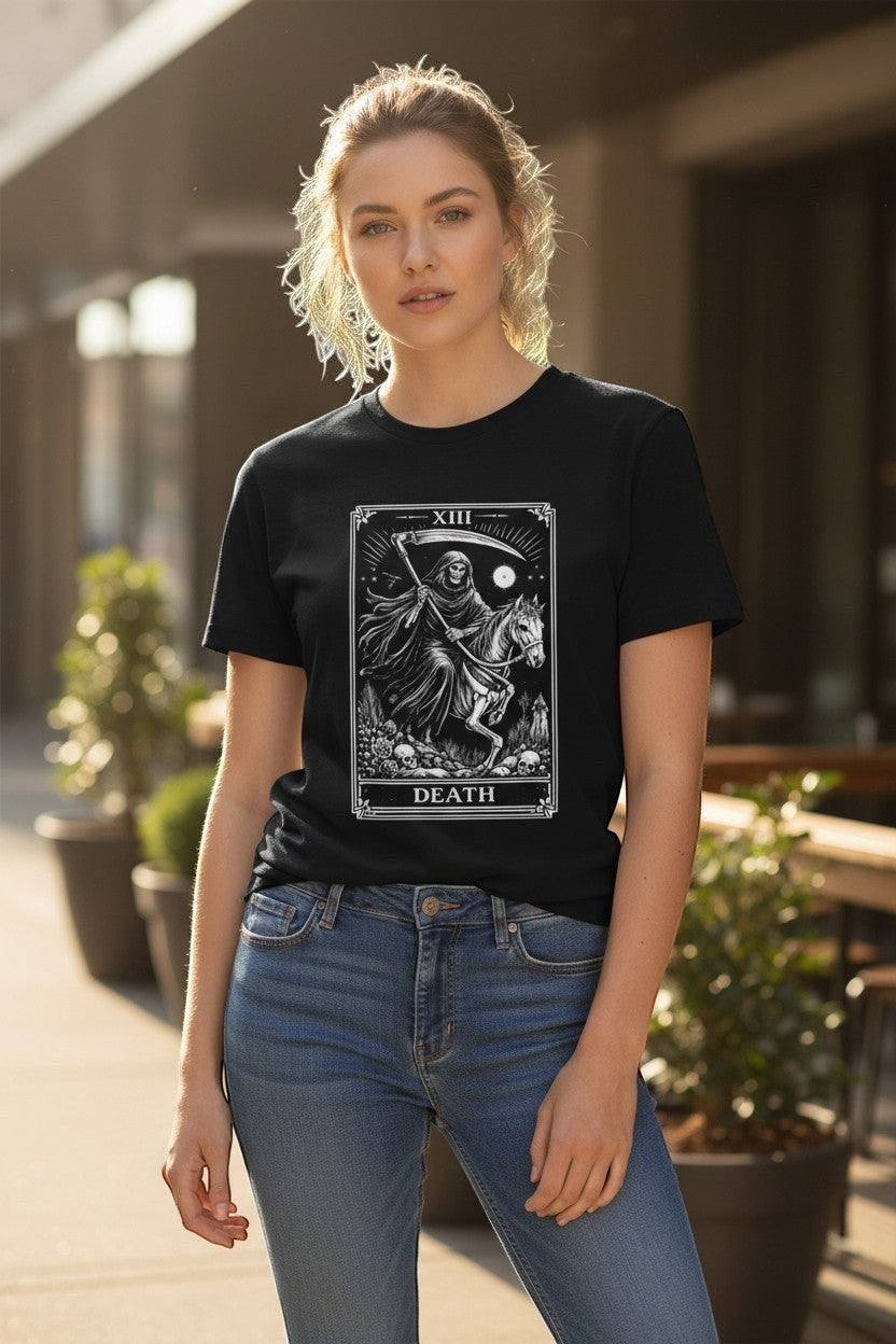 DailyThreadCo. black 100% Airlume cotton t-shirt with a monochrome Death Tarot card graphic featuring a skeleton on a horse.