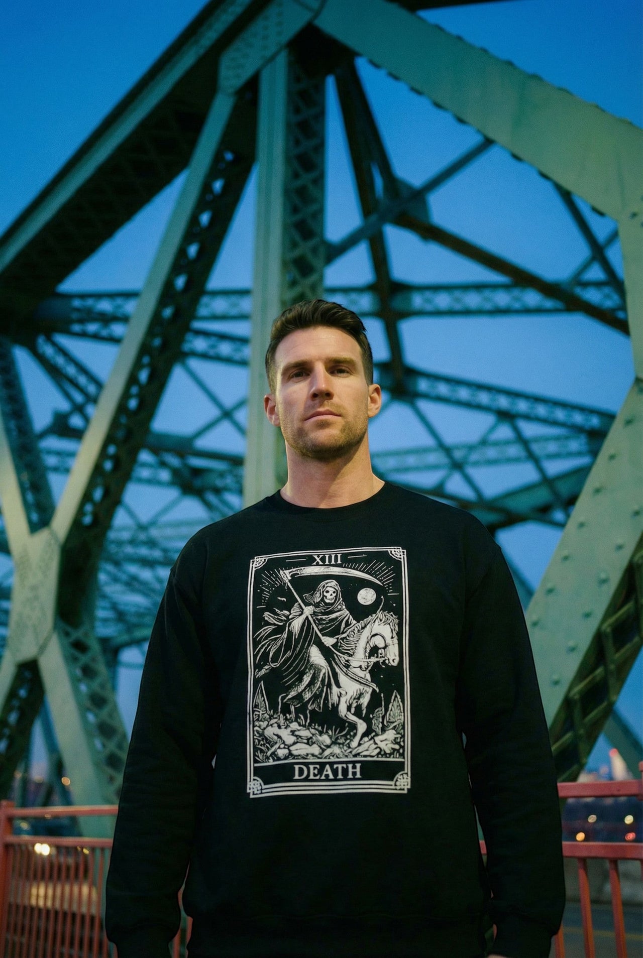 DailyThreadCo. black crewneck sweatshirt with white Death Tarot card graphic. Gothic reaper on horseback design.