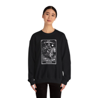 DailyThreadCo. black crewneck sweatshirt with a white Death tarot card illustration featuring a skeletal reaper on a horse, gothic style, medium-heavy cotton-poly blend.