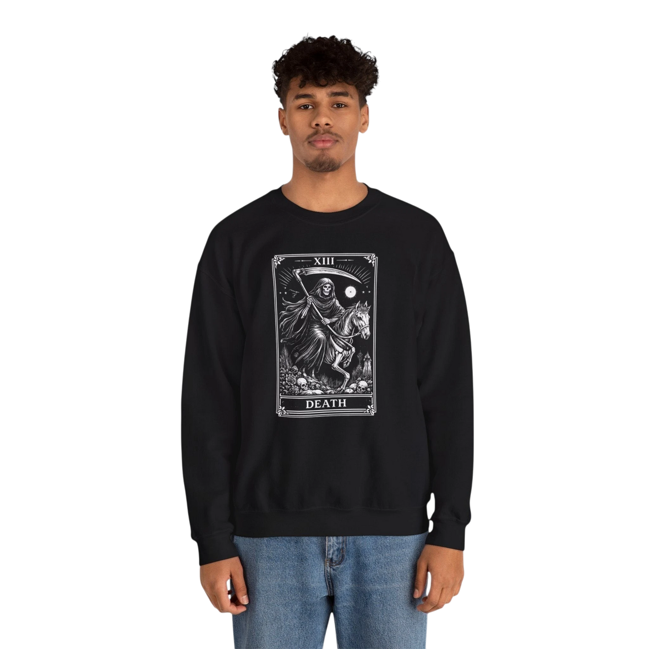 DailyThreadCo. black crewneck sweatshirt with white Death tarot card graphic, featuring a grim reaper on horseback.