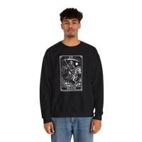 DailyThreadCo. black crewneck sweatshirt with white Death tarot card graphic, featuring a grim reaper on horseback.