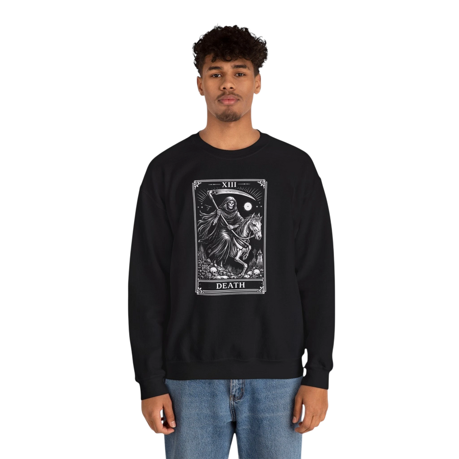 DailyThreadCo. black crewneck sweatshirt with white Death tarot card graphic, featuring a grim reaper on horseback.