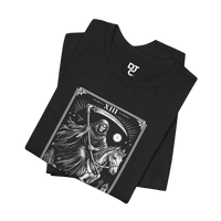 DailyThreadCo. black 100% cotton t-shirt with a monochrome Death Tarot card graphic featuring a skeleton on a horse, scythe, moon, and stars.