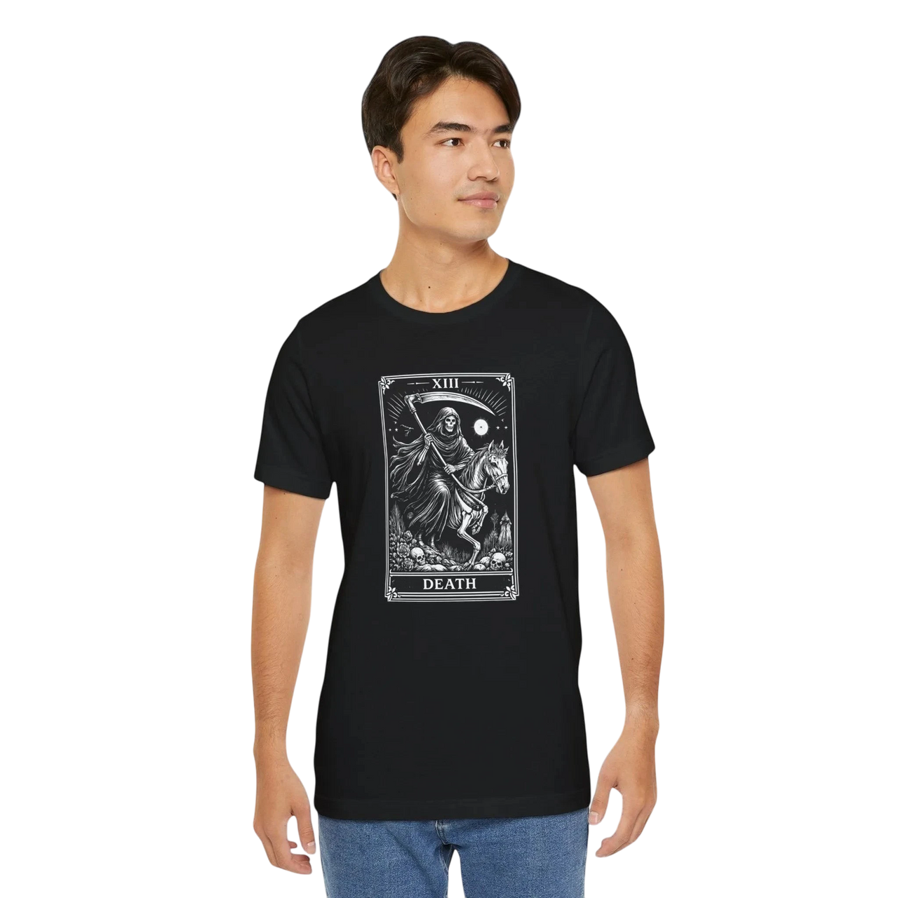 DailyThreadCo. black 100% Airlume cotton t-shirt with a monochrome Death Tarot card graphic. Features a skeleton rider on a horse.