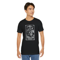 DailyThreadCo. black 100% Airlume cotton t-shirt with a monochrome Death Tarot card graphic. Features a skeleton rider on a horse.