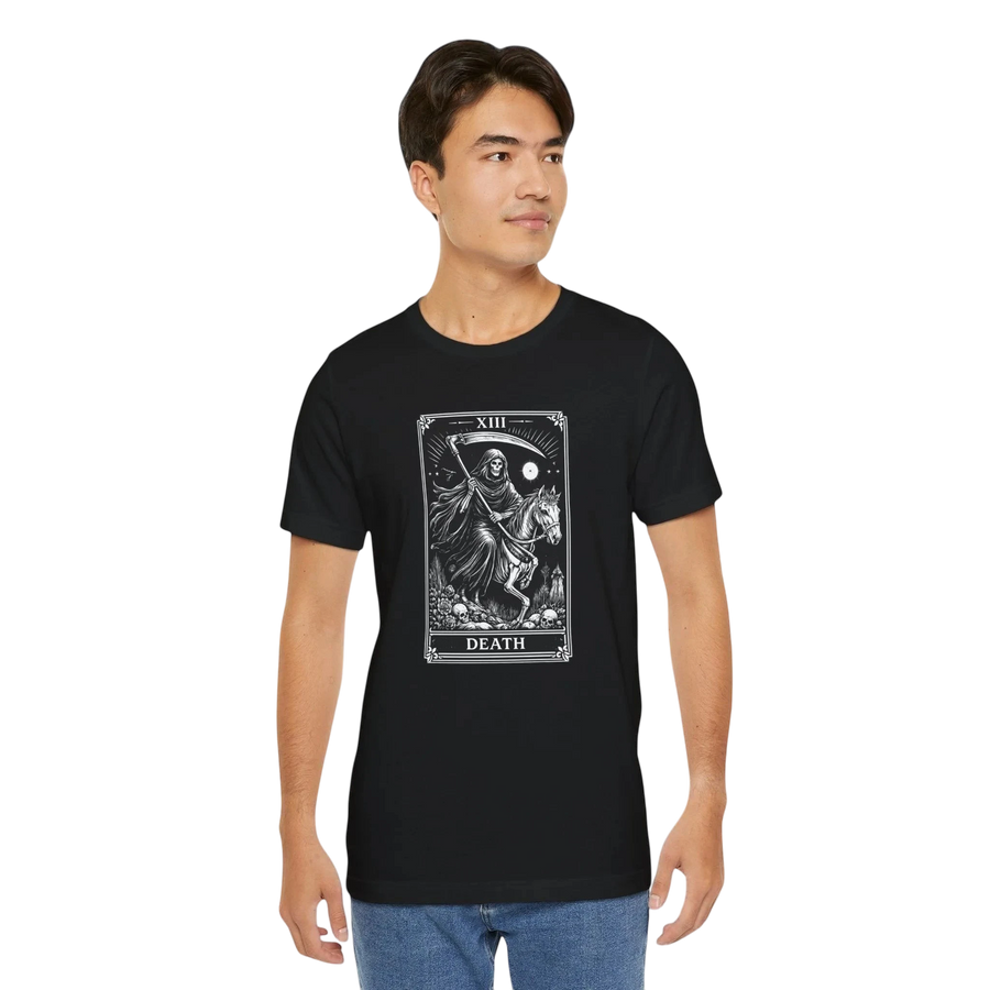 DailyThreadCo. black 100% Airlume cotton t-shirt with a monochrome Death Tarot card graphic. Features a skeleton rider on a horse.