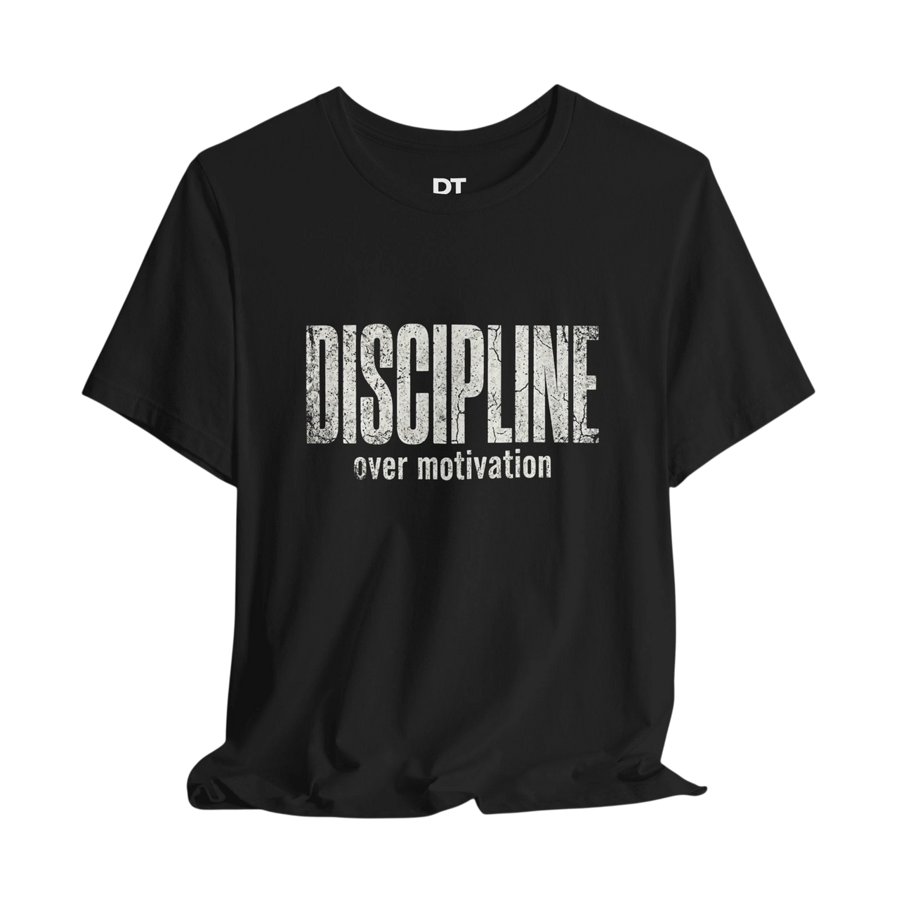 DailyThreadCo. black 100% cotton t-shirt with distressed white "DISCIPLINE over motivation" graphic print.