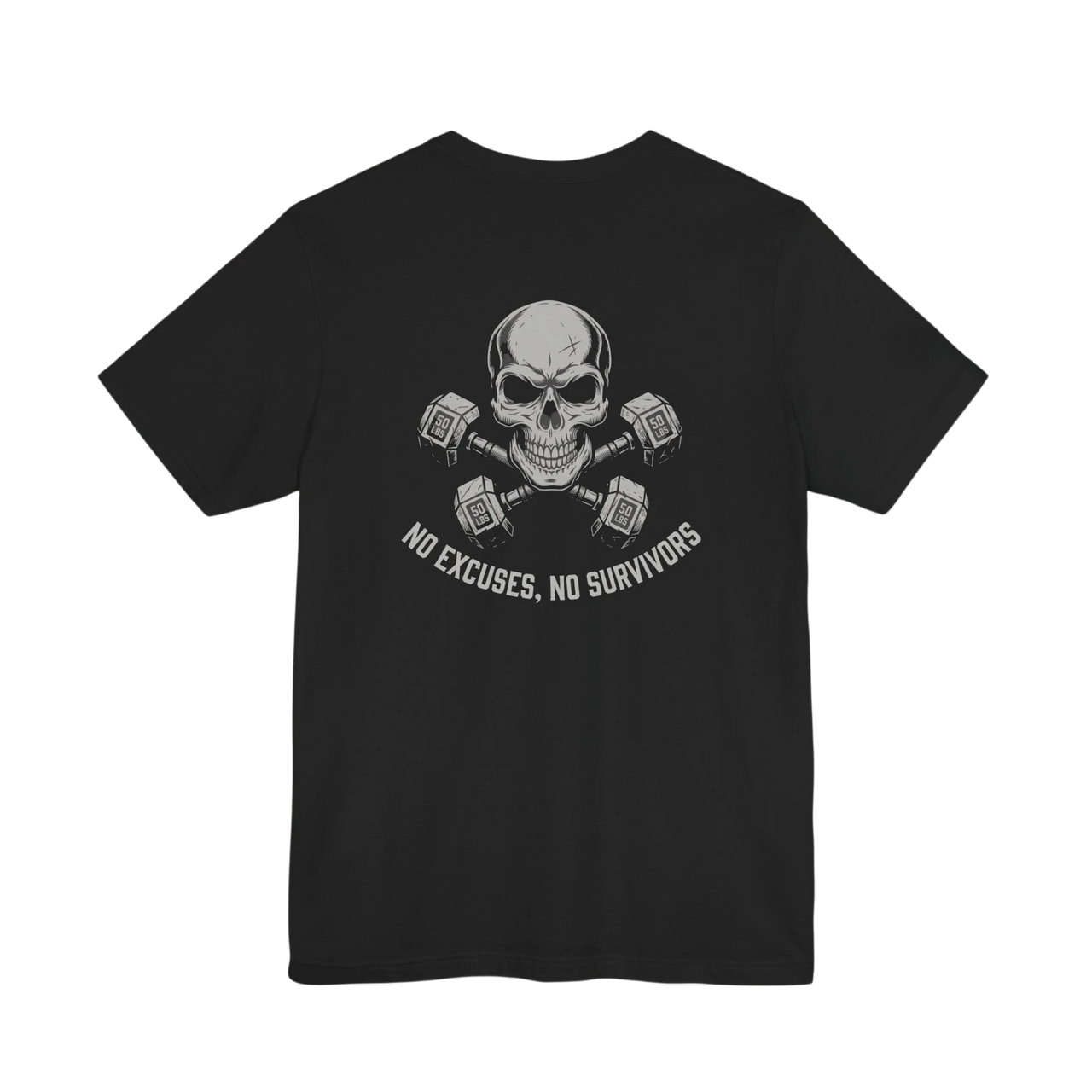 DailyThreadCo. black 100% Airlume cotton t-shirt with a skull and crossed dumbbells graphic and "No Excuses, No Survivors" text.