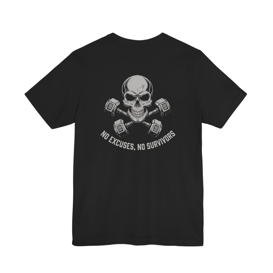 DailyThreadCo. black 100% Airlume cotton t-shirt with a skull and crossed dumbbells graphic and "No Excuses, No Survivors" text.