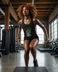 DailyThreadCo. black cotton racerback tank top with a funny graphic of a raccoon in a trash can saying 