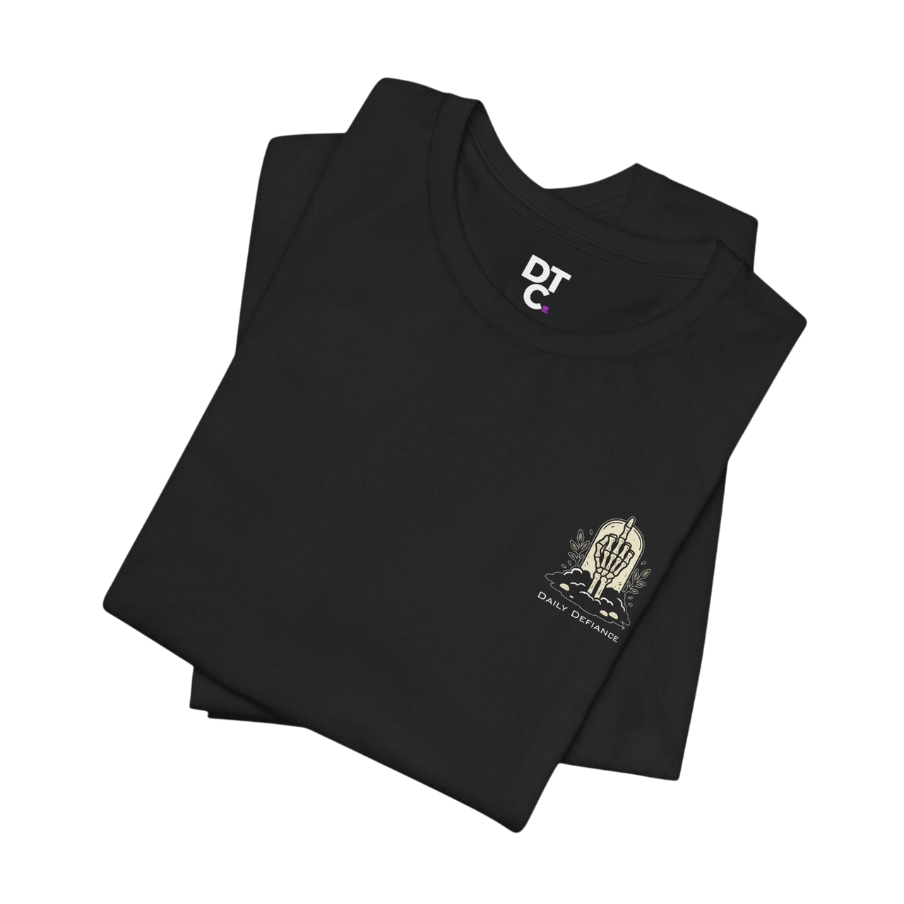 DailyThreadCo. black 100% cotton t-shirt with a small gothic graphic on the chest featuring a skeleton hand and the words "Daily Defiance".