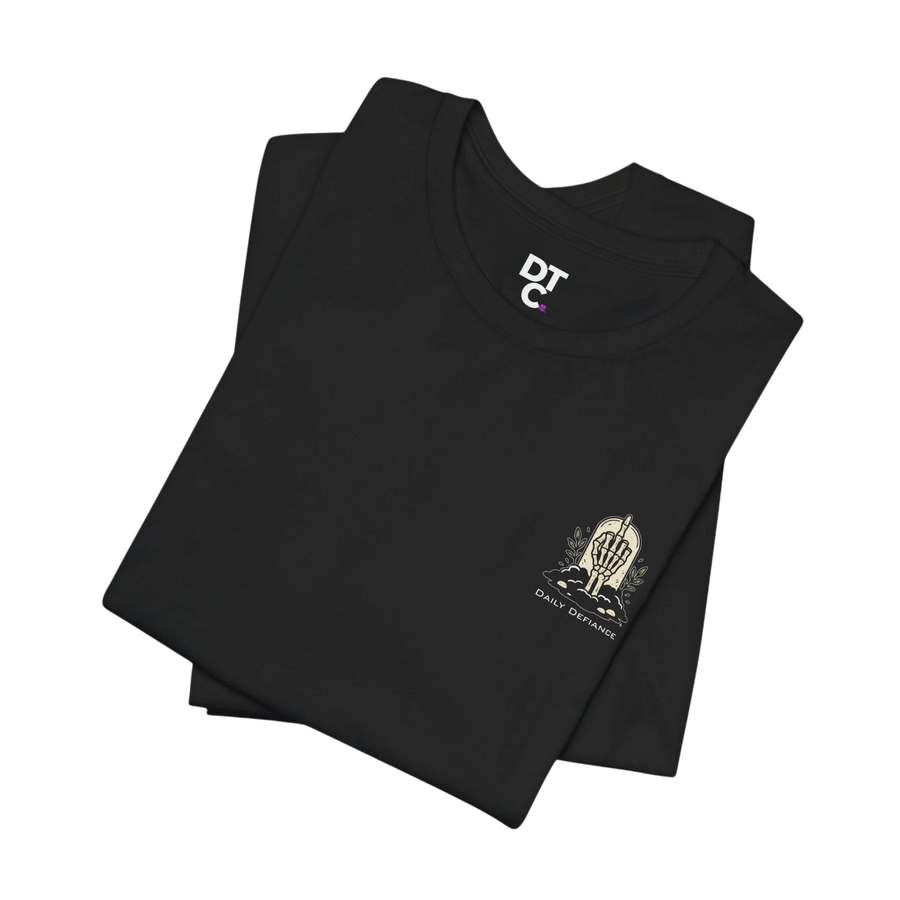 DailyThreadCo. black 100% cotton t-shirt with a small gothic graphic on the chest featuring a skeleton hand and the words "Daily Defiance".