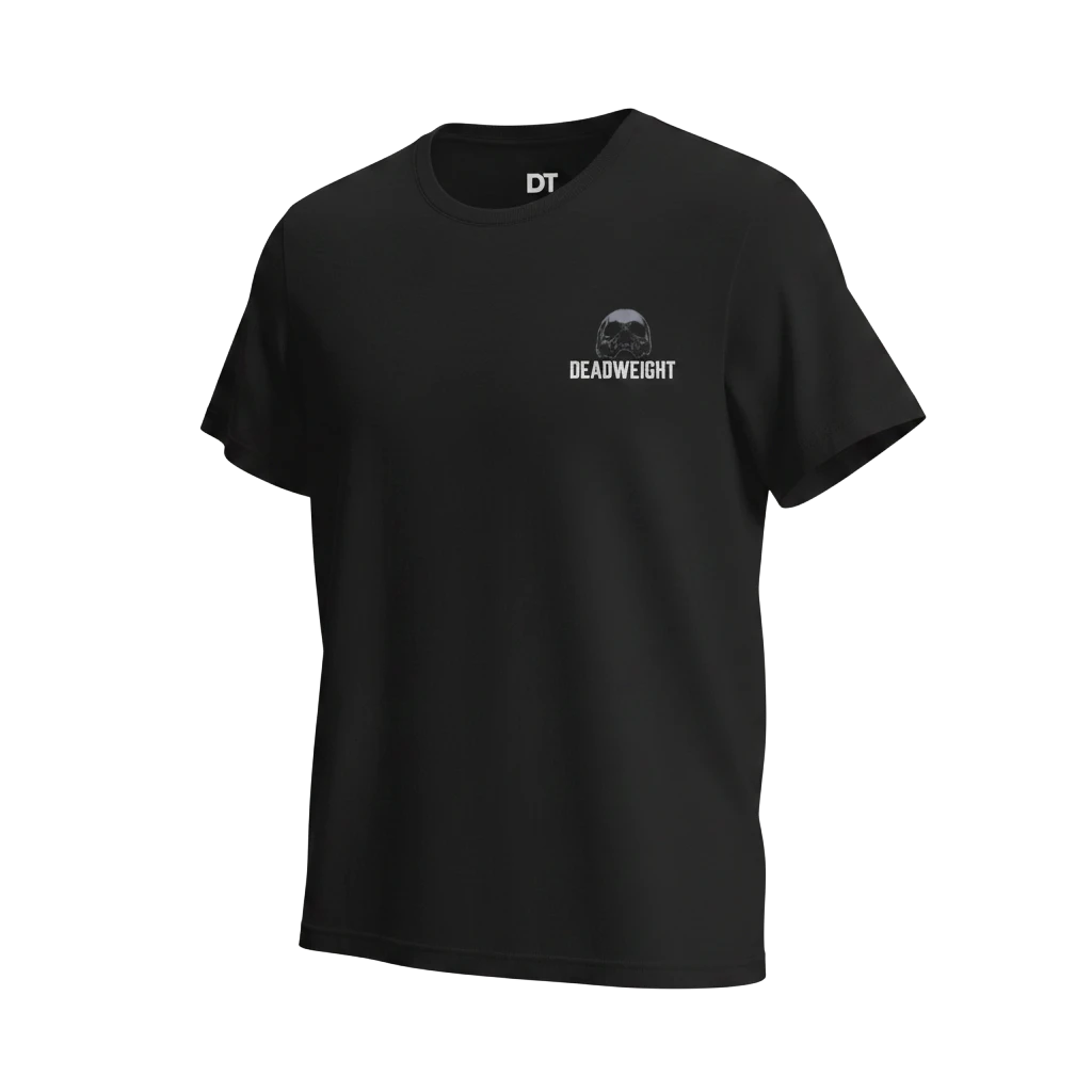 DailyThreadCo. black 100% cotton graphic gym tee with 'DEADWEIGHT' text and skull emblem on chest.