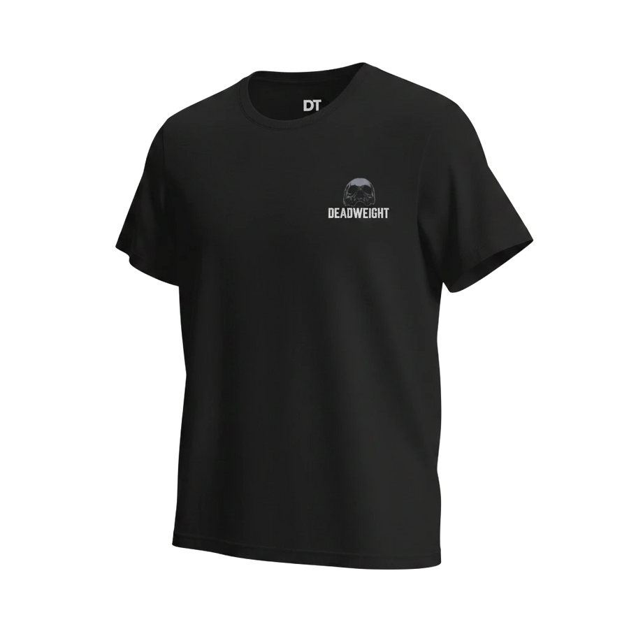 DailyThreadCo. black 100% cotton graphic gym tee with 'DEADWEIGHT' text and skull emblem on chest.