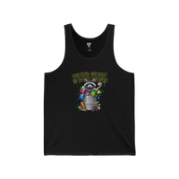 DailyThreadCo black cotton tank top with a graphic of a raccoon in a trash can with the text 