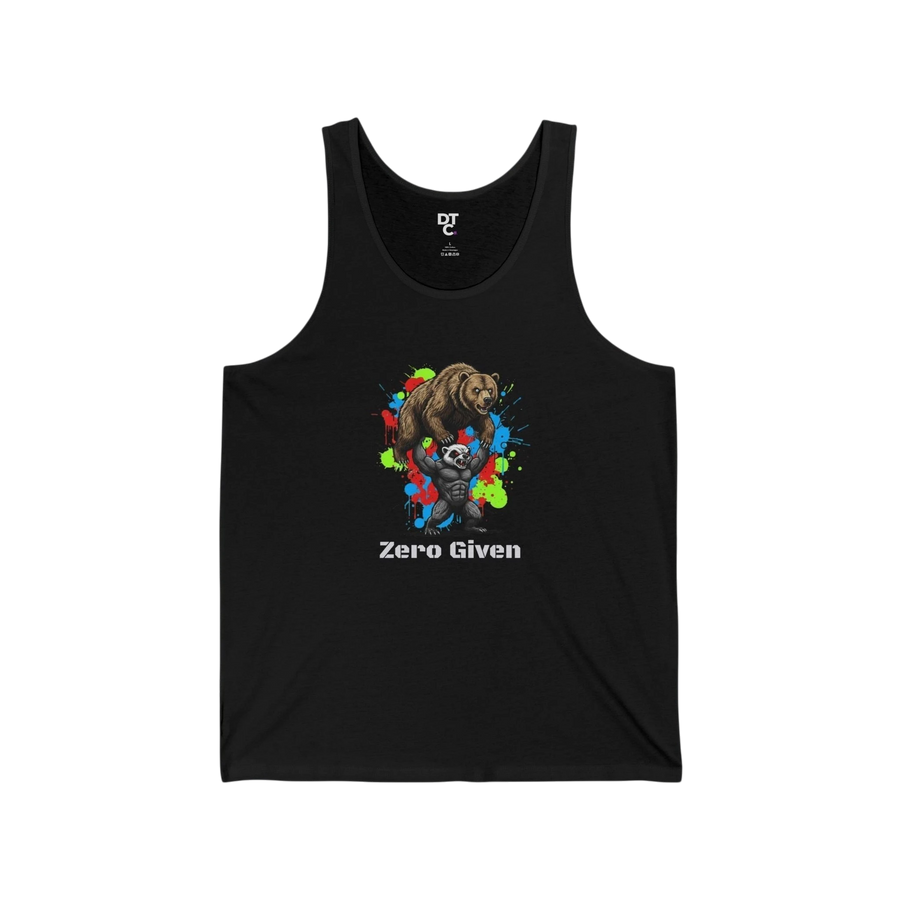 DailyThreadCo. black cotton graphic tank top with a bear lifting a honey badger and colorful paint splatters. Text reads "Zero Given".
