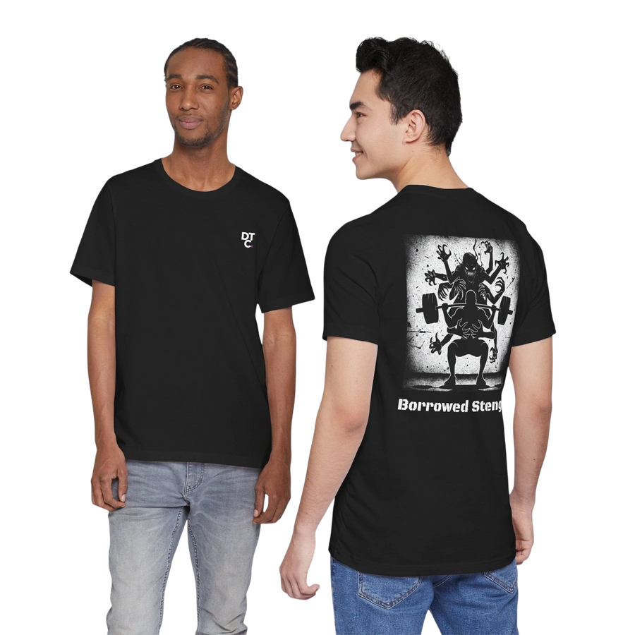 DailyThreadCo black 100% cotton t-shirt with crew neck and bold graphic back print of a multi-limbed lifter silhouette.