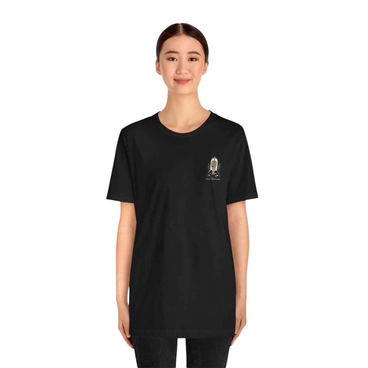 DailyThreadCo. black 100% cotton t-shirt with a small chest graphic of a skeleton hand and "Daily Defiance" text.