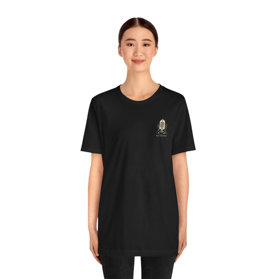 DailyThreadCo. black 100% cotton t-shirt with a small chest graphic of a skeleton hand and "Daily Defiance" text.