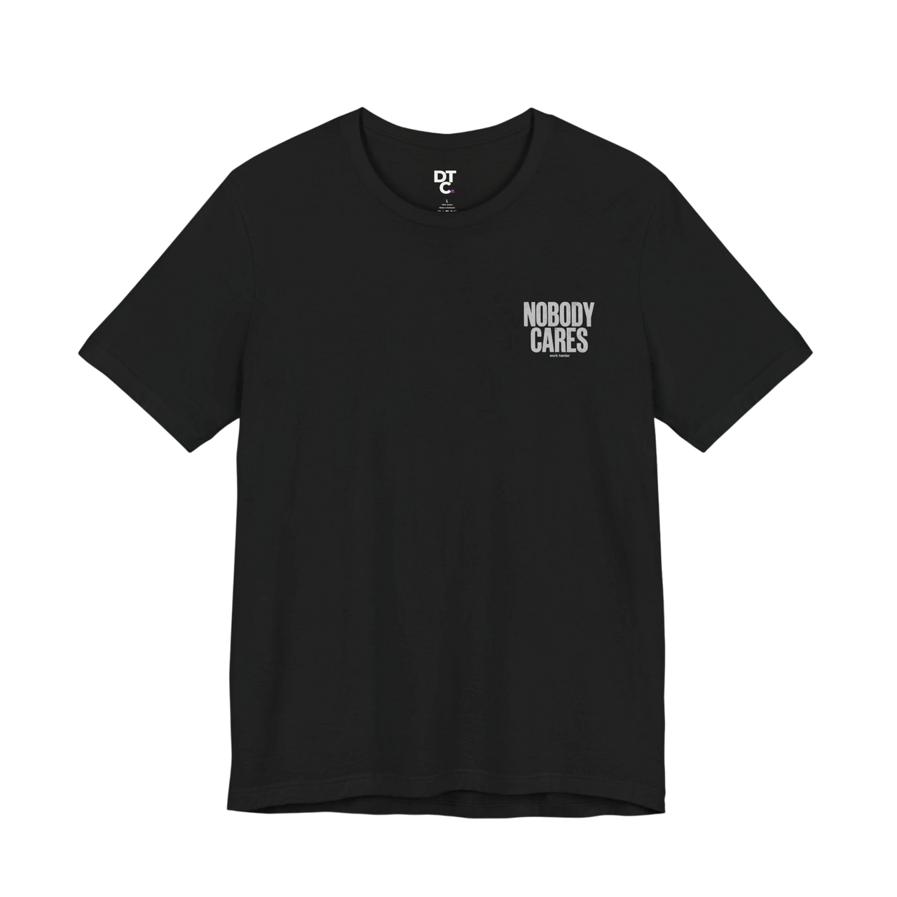 DailyThreadCo. black 100% cotton graphic tee with "Nobody Cares" text art on the chest. Crew neck, short sleeves.