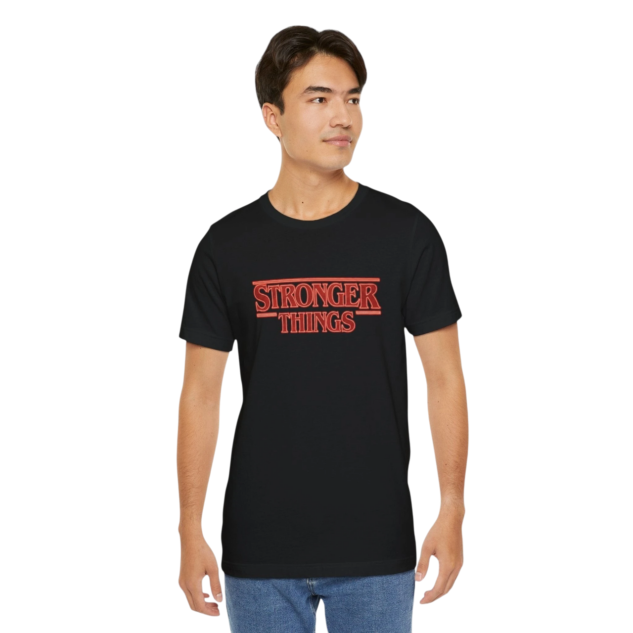 DailyThreadCo. black 100% cotton tee with retro red "STRONGER THINGS" graphic, crew neck, short sleeves.