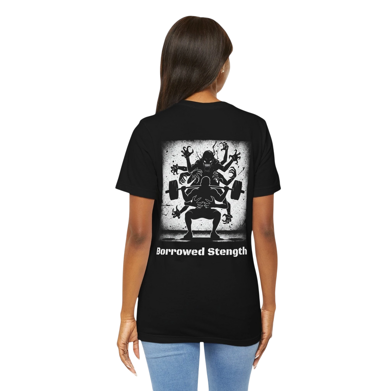 DailyThreadCo black 100% cotton t-shirt with a graphic print of a multi-limbed figure lifting weights, with the text "Borrowed Strength" below.