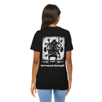 DailyThreadCo black 100% cotton t-shirt with a graphic print of a multi-limbed figure lifting weights, with the text 
