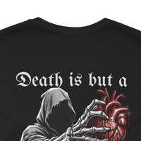 Black 100% cotton t-shirt with a graphic of a grim reaper holding an anatomical heart and the text 